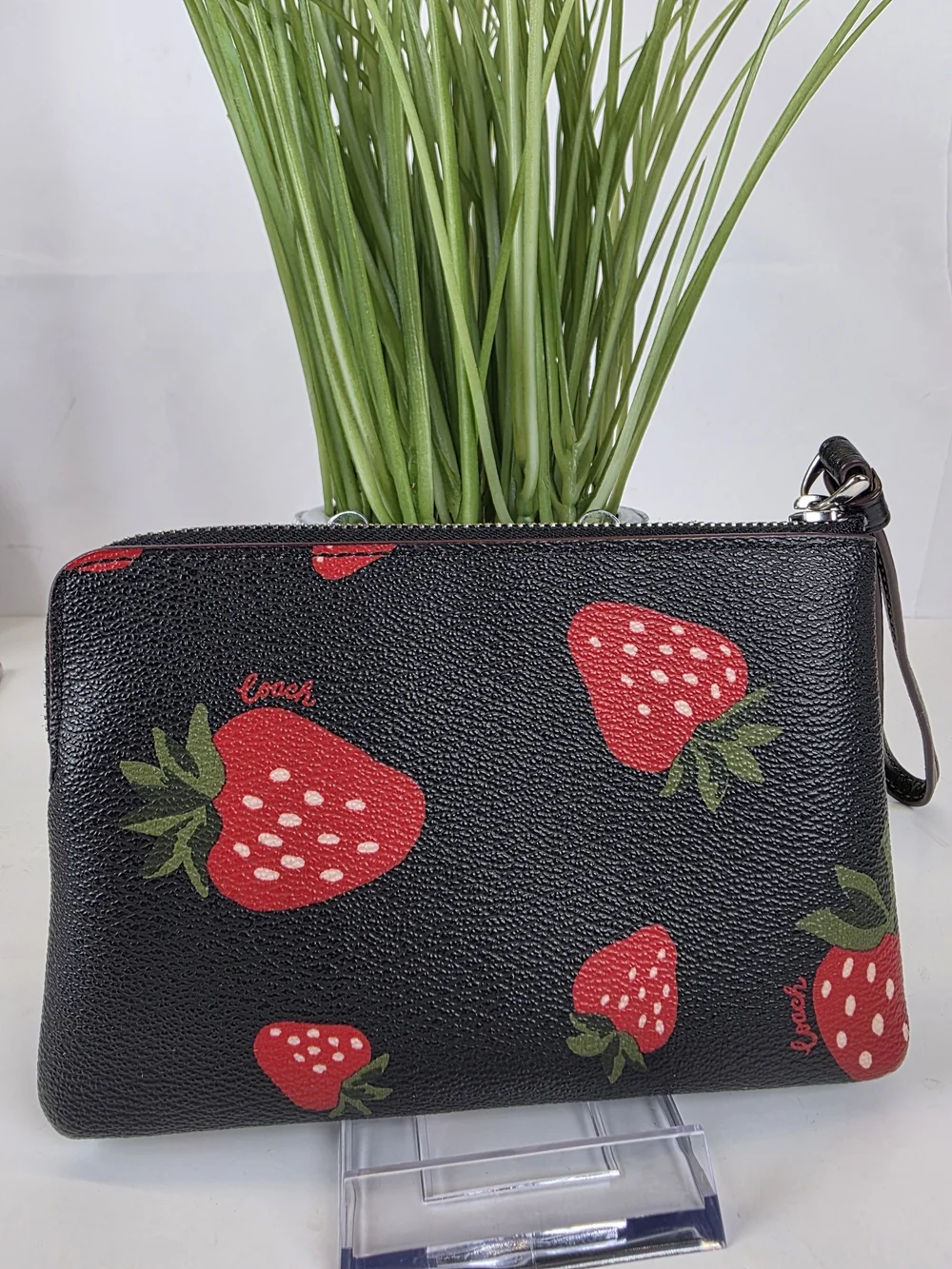 Coach Strawberey Black Leather Wristlet Clutch Bag